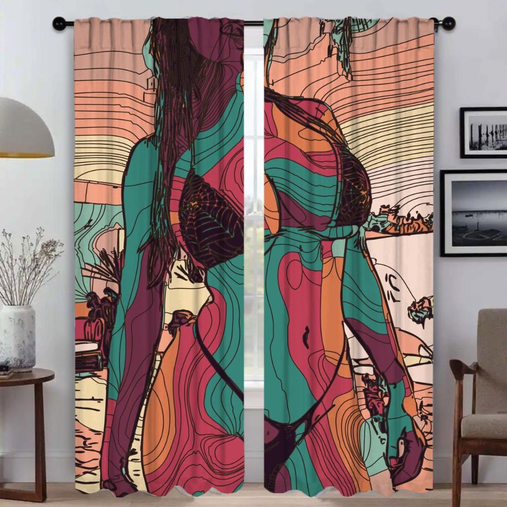 Set Of 2 Anti Mosquito Curtains Abstract Sexy Girl Camera Window Curtain Tulle Bedroom Blinds Kitchen Light Blocking Polyester Ideal For Master