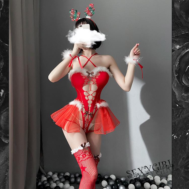 New Year's Red New Sexy Lingerie Uniform Temptation Christmas Elk Plush Sexy One-Piece Net Suit