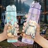 1PC Festive Cat Night Sky Cartoon Print 750ml Color Plastic Sports Water Bottle Leakproof Flip Straw Lid Suitable for Sports Office Home Use