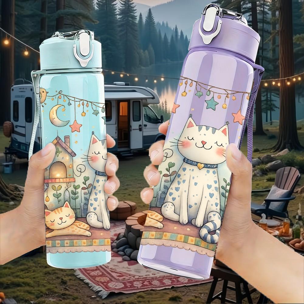 1PC Festive Cat Night Sky Cartoon Print 750ml Color Plastic Sports Water Bottle Leakproof Flip Straw Lid Suitable for Sports Office Home Use