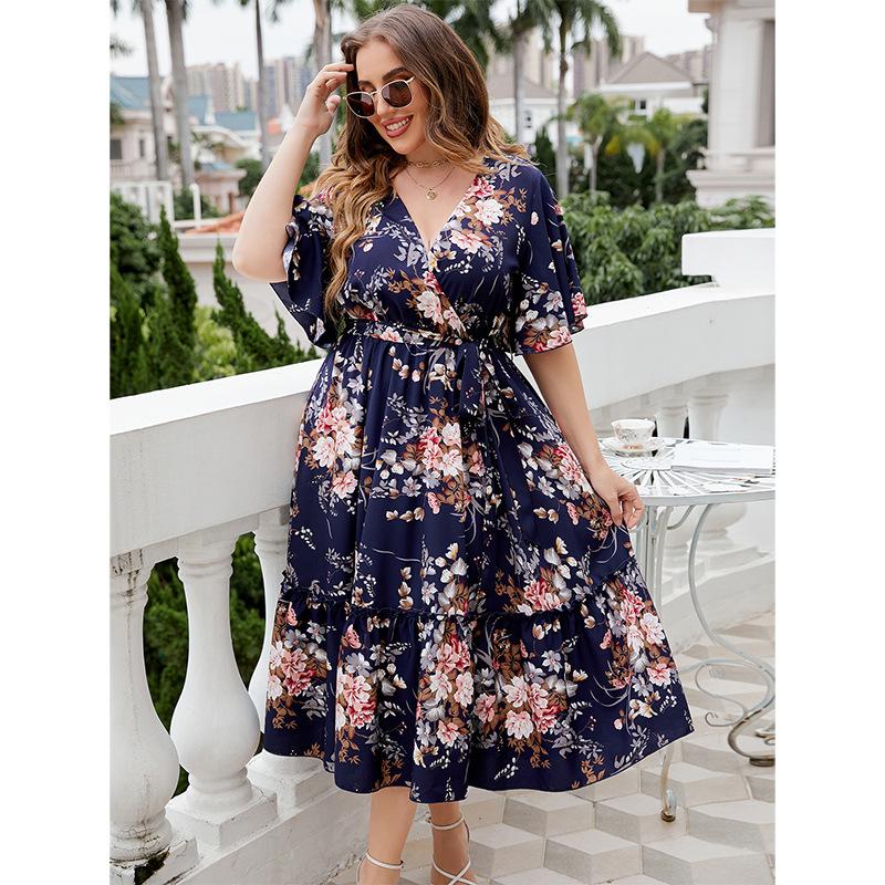 Abito estivo da donna con scollo a V blu navy stampato abito di grandi dimensioni