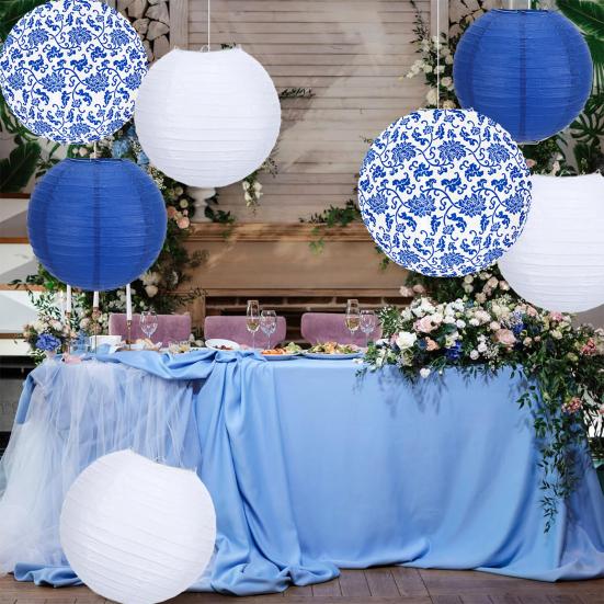 Yousheng 9 Pcs Blue And White Chinoiserie Lantern Hanging Round Paper Lantern Decoration for Wedding Birthday Party Ceiling Decor