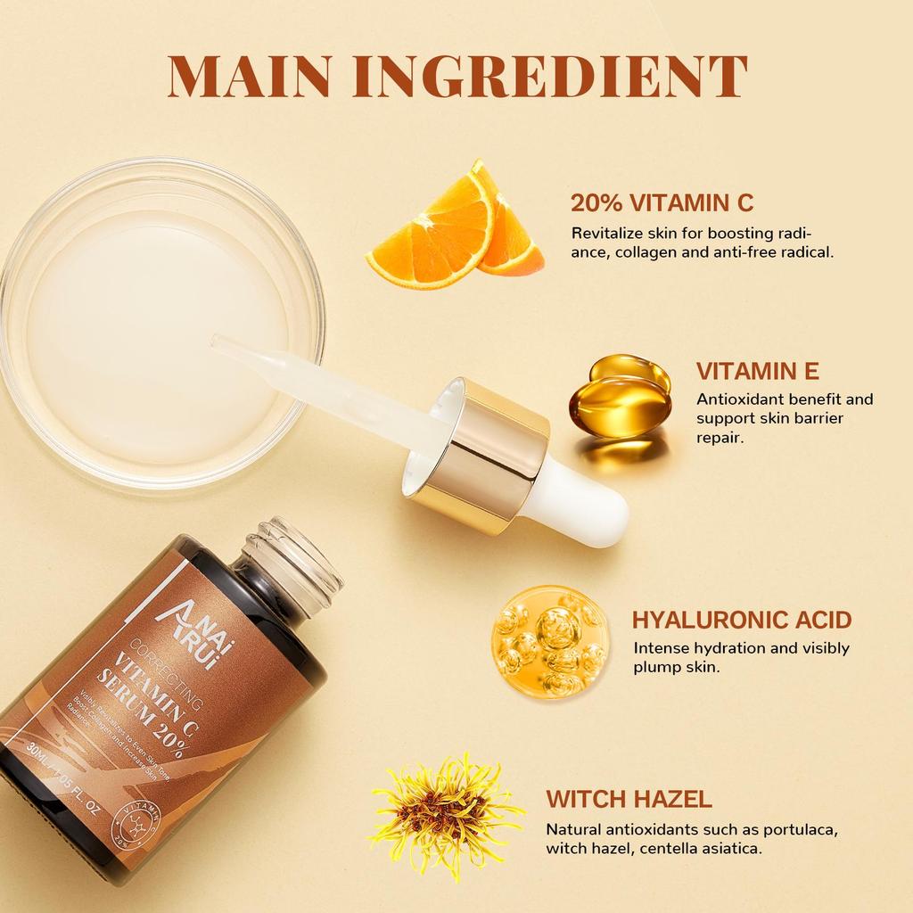 ANAiRUi 20% Vitamin C Facial Serum, Antioxidant Hydrating Skin Care with Hyaluronic Acid & Vitamin E 30ml