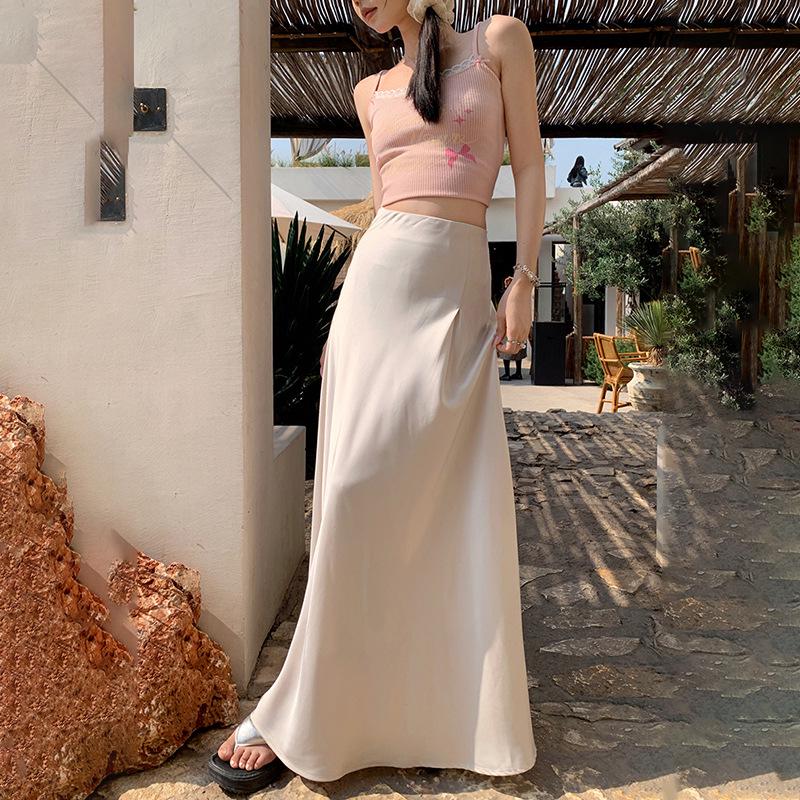 Hedvábná sukně A-linie slim-fit: Nový letní styl s vysokým pasem, všestranný, zvýrazňující temperament.