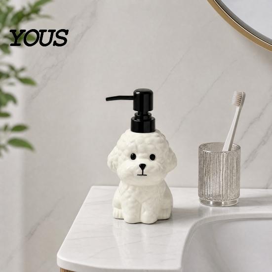 Dispenser Gel Igienizzante Mani 400ML Cane in Ceramica con Pompa in Plastica, Contenitore Liquido Ricaricabile a Forma di Cucciolo, Bottiglia Vuota per Bagnoschiuma Lozione
