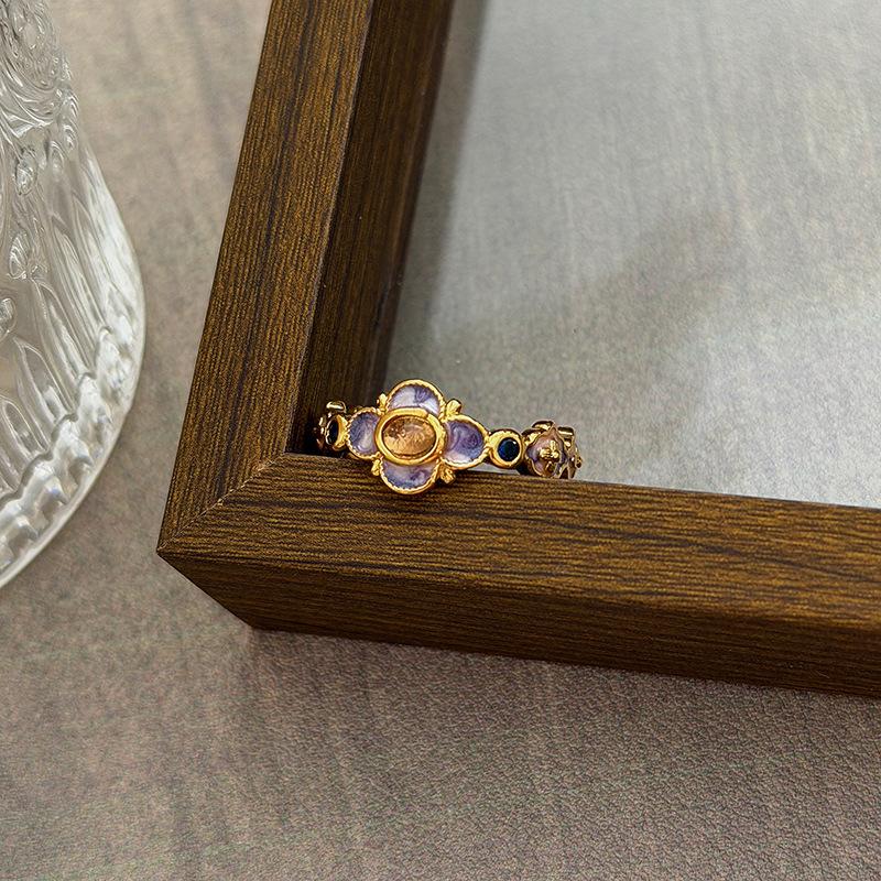 Medieval Vintage Court Style Light Luxury Retro Flower Auspicious Cloud Purple Enamel Open Ring Niche Stacked Wearing Woman