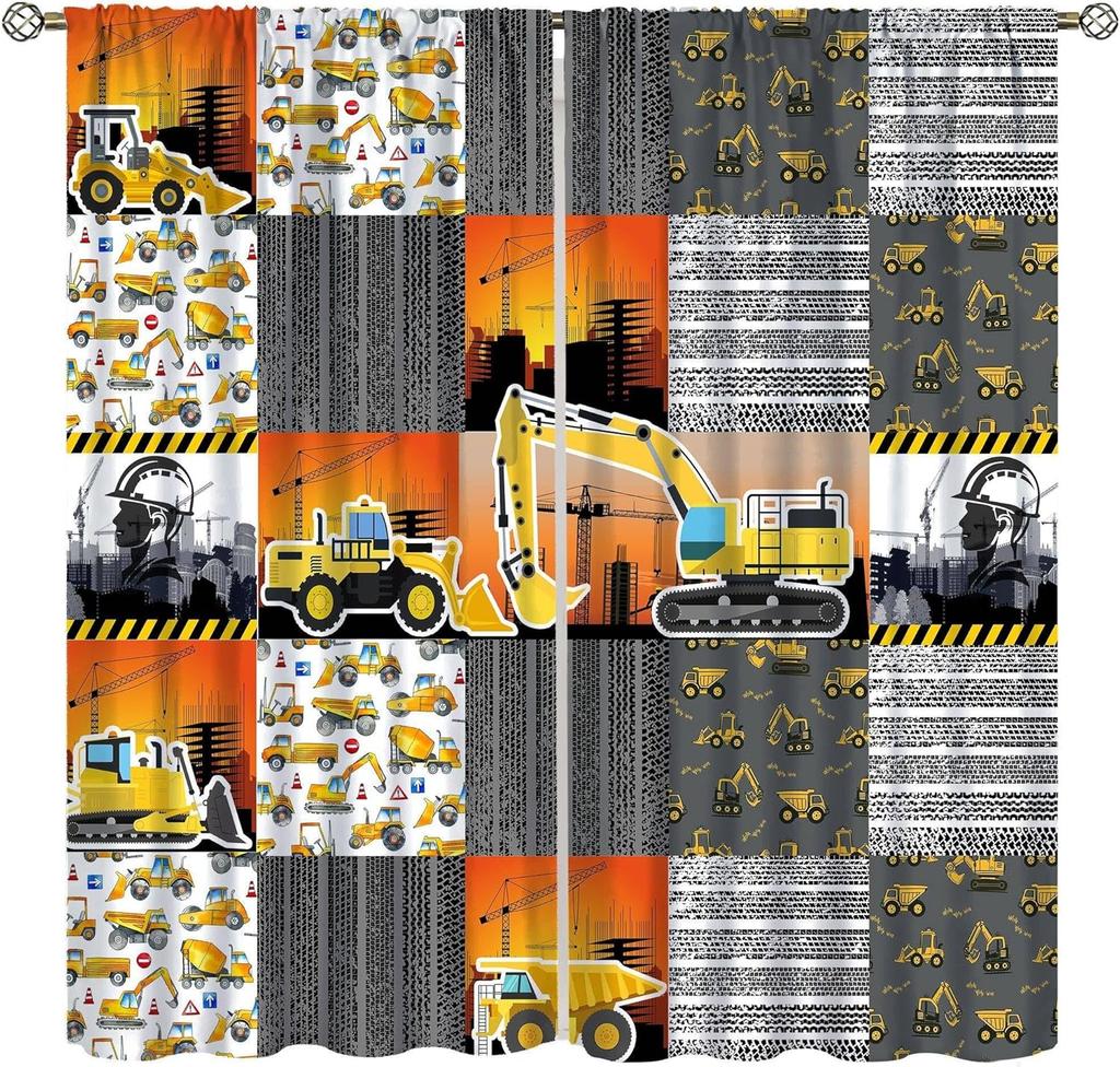 Dinosaur Construction Curtains For Boys,Cartoon Forest Architectural Site Dinosaur Excavator Tractor Truck Window Drapes Print