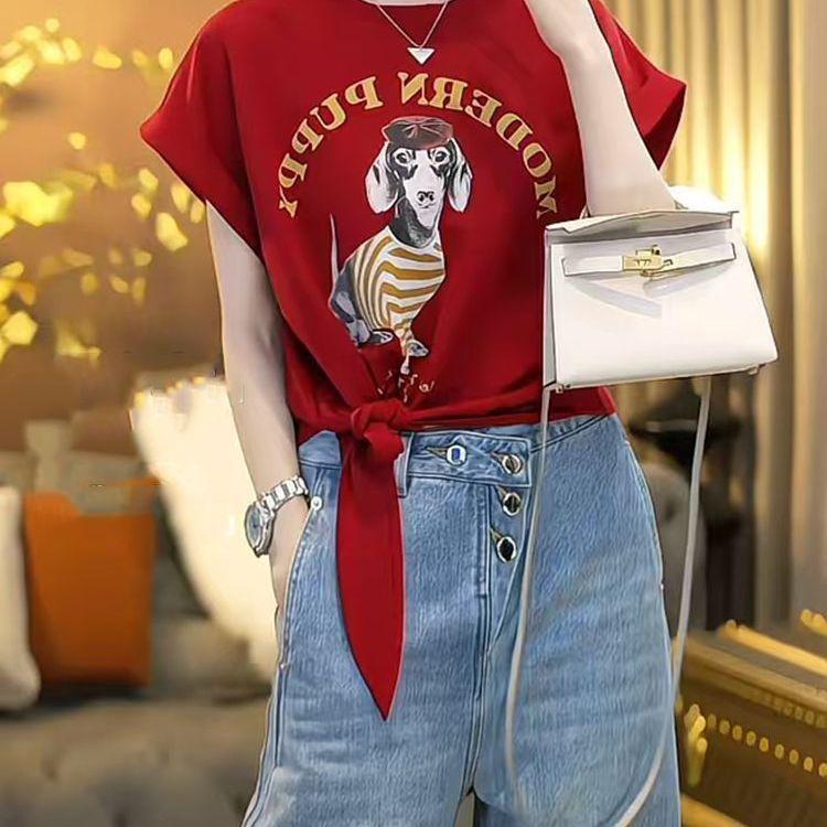 

Plus Size Cartoon Print Asymmetrical Short Sleeve Women s Summer Loose Slimming Fashion Top L (101-120 jin) красный