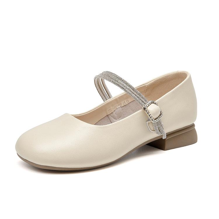Sheepskin Shallow Mouth Single Shoes Women's New One-word with Rhinestone Fairy Mary Jane Shoes Soft Sole Leather Small Leather Shoes Women