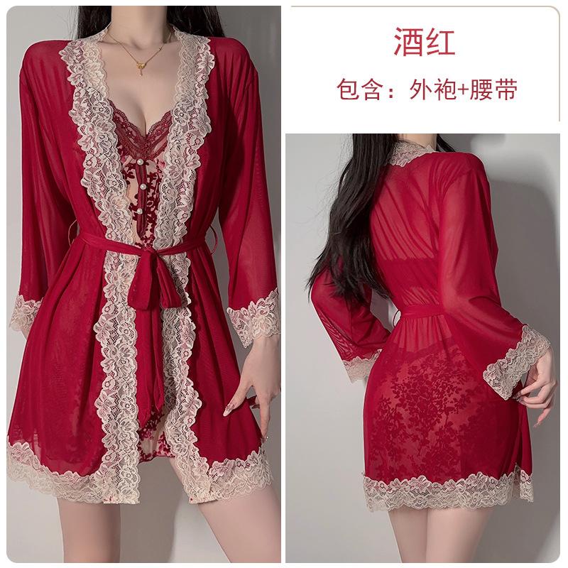 Hot backless women's pajamas deep V plus chest pad sweet mesh sexy velvet pajamas robe set C