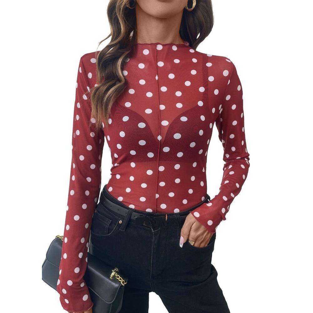 New Style Women's High-neck Semi-sheer Dotted Long-sleeved T-shirt with Sexy Net Fabric Top