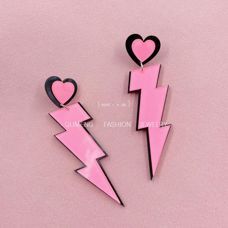 

Halloween punk earrings acrylic pink lightning love fun long face thin ear accessories