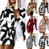 Nové Dámské Leopardí Módní Šaty Dlouhý Rukáv Sexy Zip Party Šaty Střední Délka