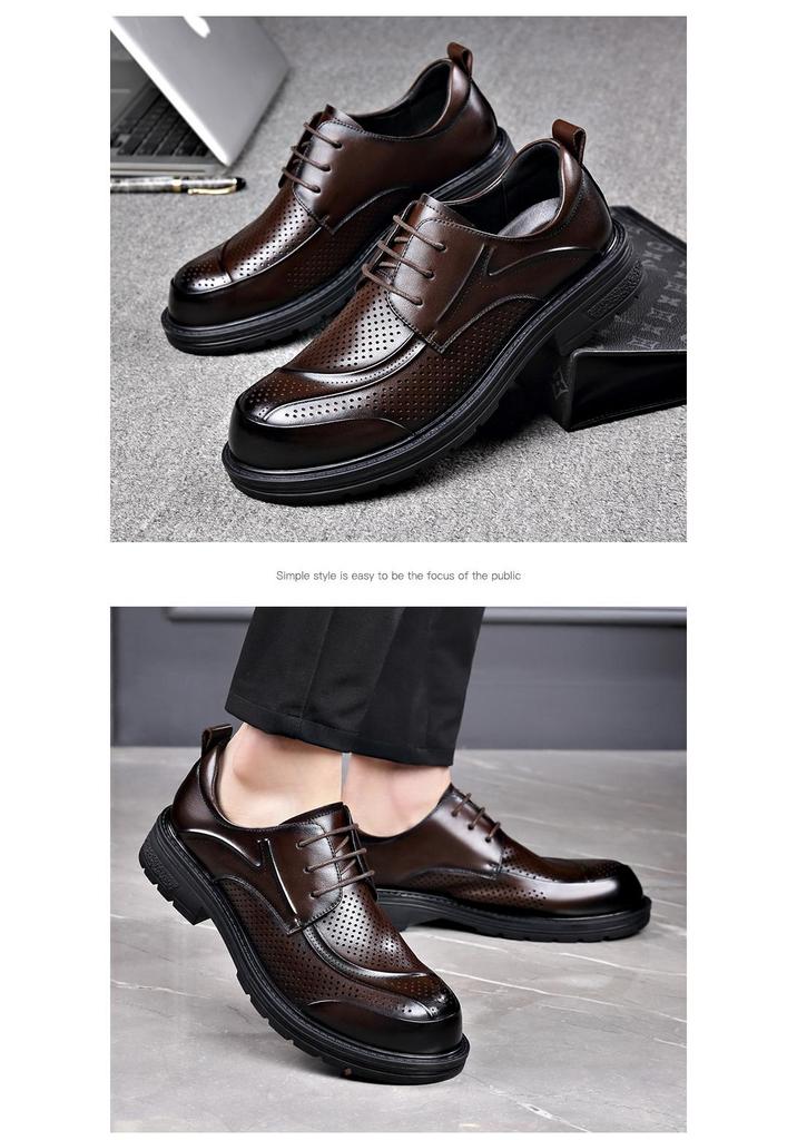 Men's Summer Breathable Lace-Up Leather Shoes - Versatile, Comfortable, Trendy, Perforated, Thick Sole Casual Footwear.