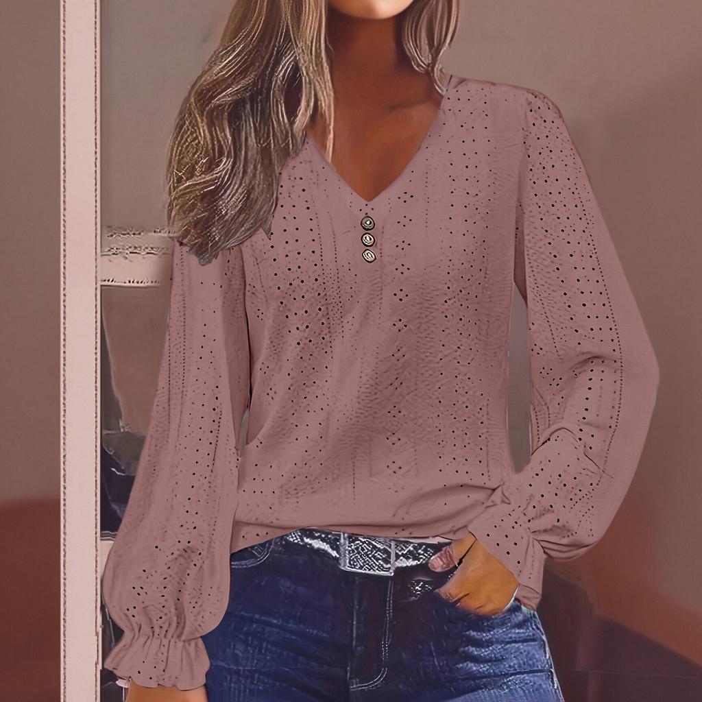 Women's V-neck T-shirt With Spring  Hollow Out Casual Pleated Sleeve Top