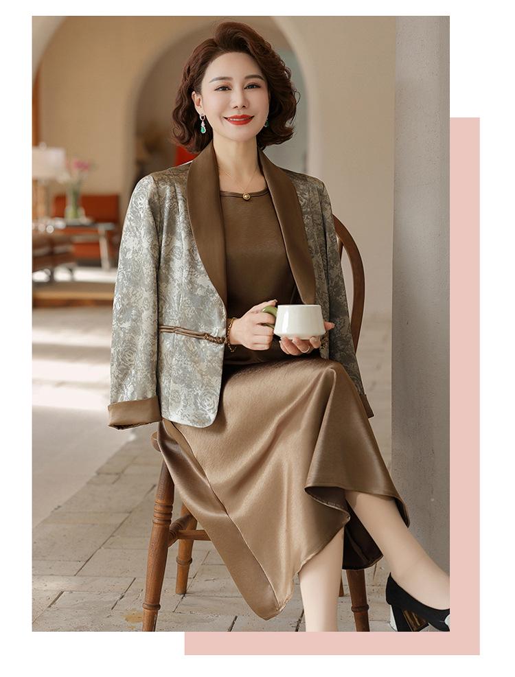 Szykowne Jesienne Dwuczęściowe Zestawy dla Mamy: Elegancka Kolekcja Spódnic i Okryć Wierzchnich dla Kobiet w Średnim Wieku i Seniorów.