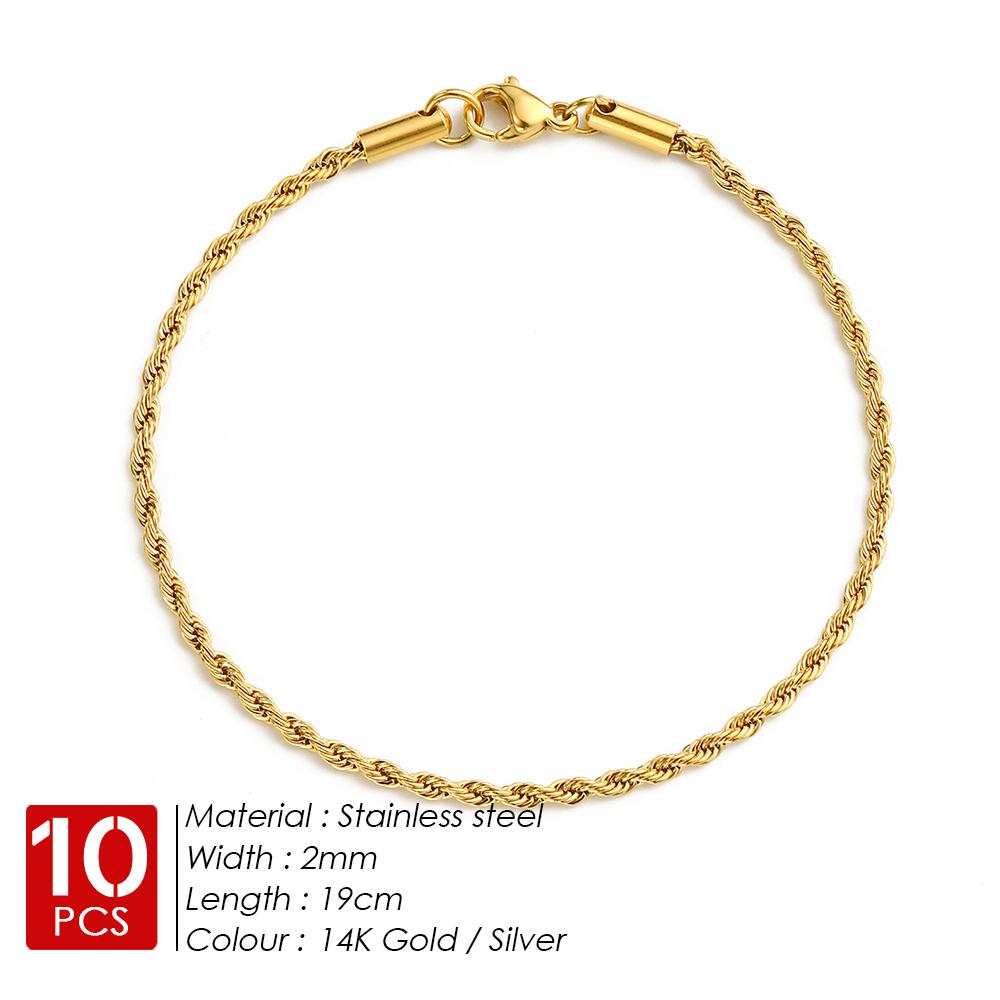 EMANCO 10PCS Wholesale 2/3/4/5MM Gold Color Twisted Rope Chain Bracelet, Stainless Steel Hip Hop Punk Fashion Jewelry for Women