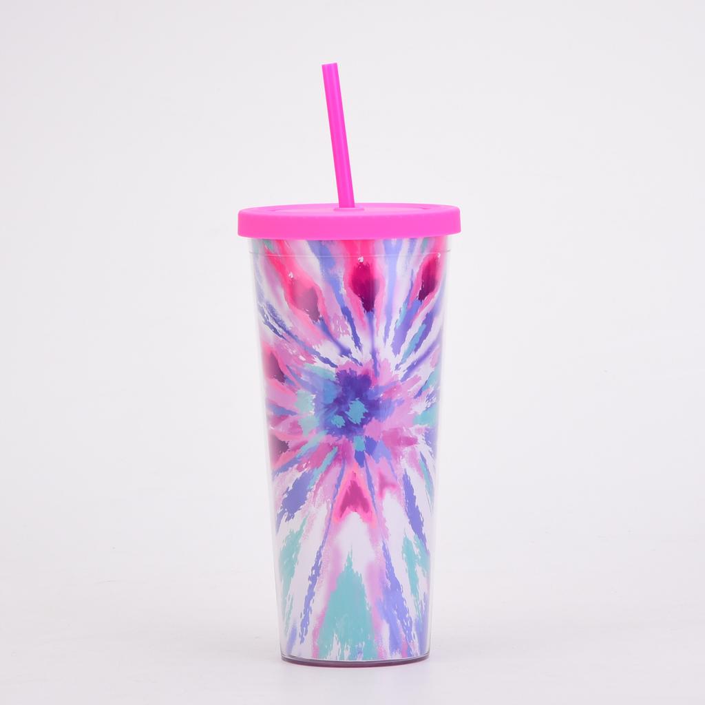 Tie-Dye Straw Cup 24Oz Double-Layer Plastic Water Cup Can Be Customized Creative Paper Card Diy