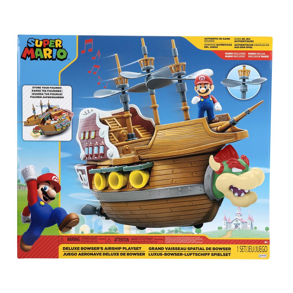 Super Mario Deluxe Bowser's Airship Playset with Mario Action Figure - Authentic In-Game Sounds & Spinning Propellers