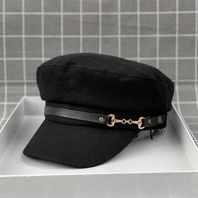 Hat Female Trendy Navy Hat Niche Design Metal Buckle Belt Decorative Wool Duck Tongue Flat Top Hat