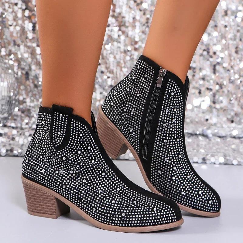 Mode Damen Stiefeletten mit hohem Absatz2025 Hohe Qualität Herbst Reißverschluss Schuhe Damen Dicker Absatz Mode Bling Stiefel Weiblich Botas Mujer