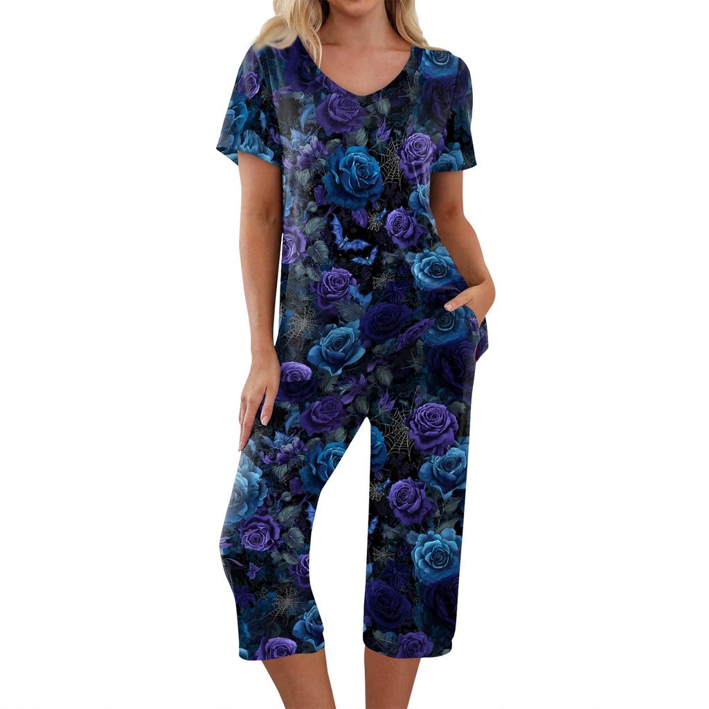 Women's Two Piece Halloween Print Lounge Set Short Sleeve V Neck Top and Capri Pants Casual Pajama Set for Relaxed Fit