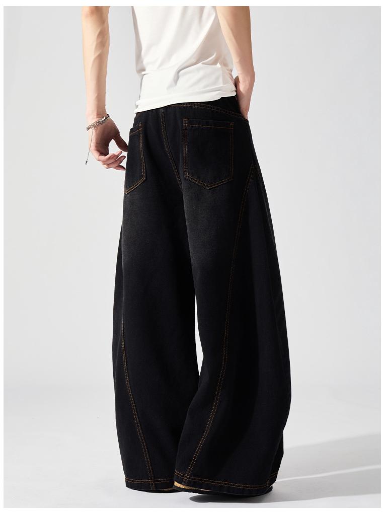 Men's American Retro Washed Black Wide-Leg Scimitar Jeans