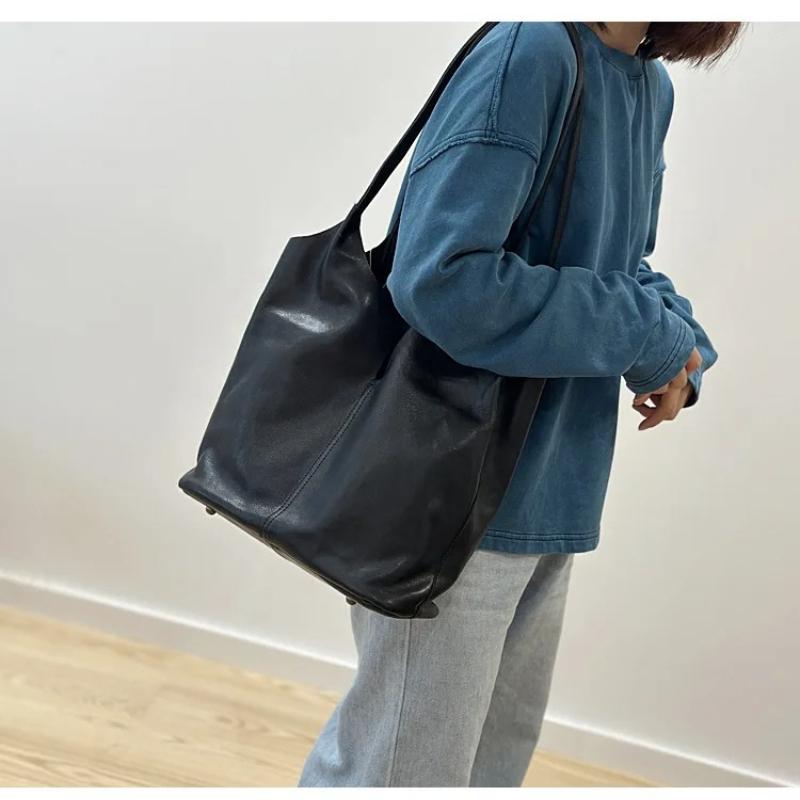 Johnature Borsa Tote Casual Fatta a Mano Versatile Borsa a Spalla da Pendolarismo Grande Capacità Vera Pelle Borsa