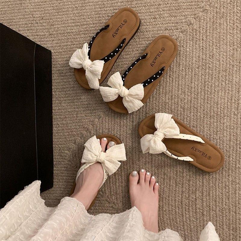 Women's Slippers and Ladies Sandals with Bow on Beach Shoes Flat Flip Flops Slides Summer 2025 Sale Luxury Elegant Fashionable