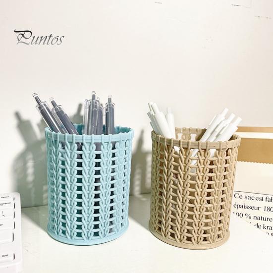Pen Holder Imitation Rattan Holder, Round Hollow Desk Organizer, Large Capacity Pencil Accessory Cup for Pens Pencils Makeup Brushes, Nordic