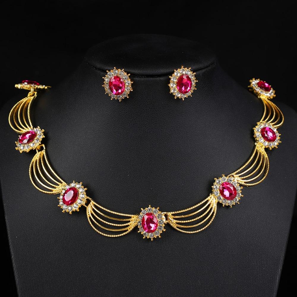 Gold-Tone Gemstone Necklace Set Geometric Statement Jewelry Set Earring Matching Set  Women
