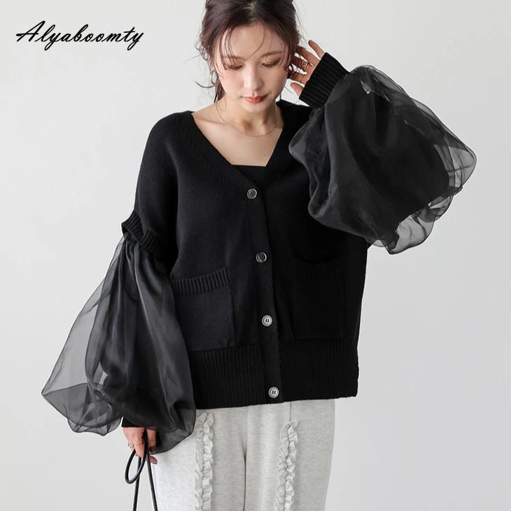 

Корейский Ульцзанг Осень Зима Женский Кардиган V-образный вырез Белый Черный Розовый Оверсайз Вязаное Пальто Сетчатый Рукав Фонарик Вязаное Пальто с Карманами One Size чёрный