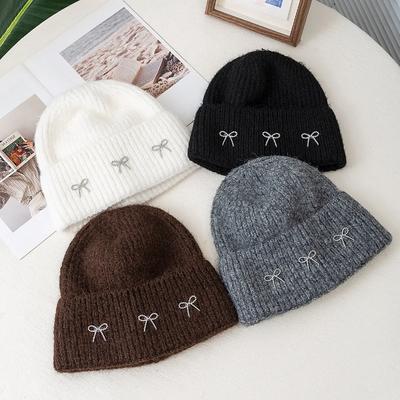 New Women Slouchy Beanie Hats Winter Warm Loose Cap Y2K Cap For Female Solid Color Bow Decoration Winter Knitted Girl Hats