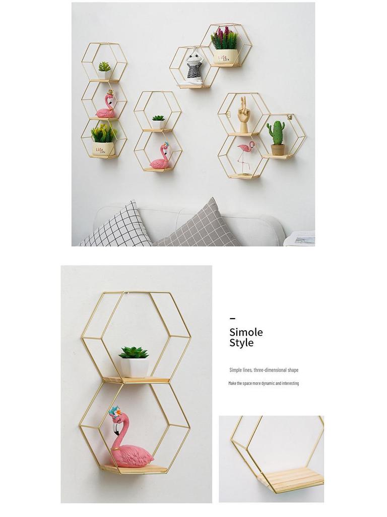 Nordic Wrought Iron Hexagonal Wall Shelf for Home, Bedroom, and Dining Room Decor