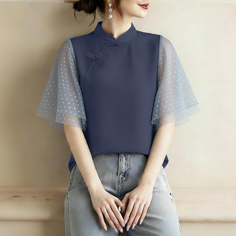 ZANZEA Women Casual Stand Collar Mesh Splice Half Sleeve Blouse