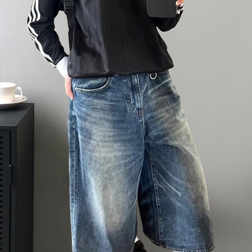 Men Women Denim Shorts Mid-rise Button Zipper Fly Wide Leg Thin Washed Denim Pants Retro Solid Color Short Jeans