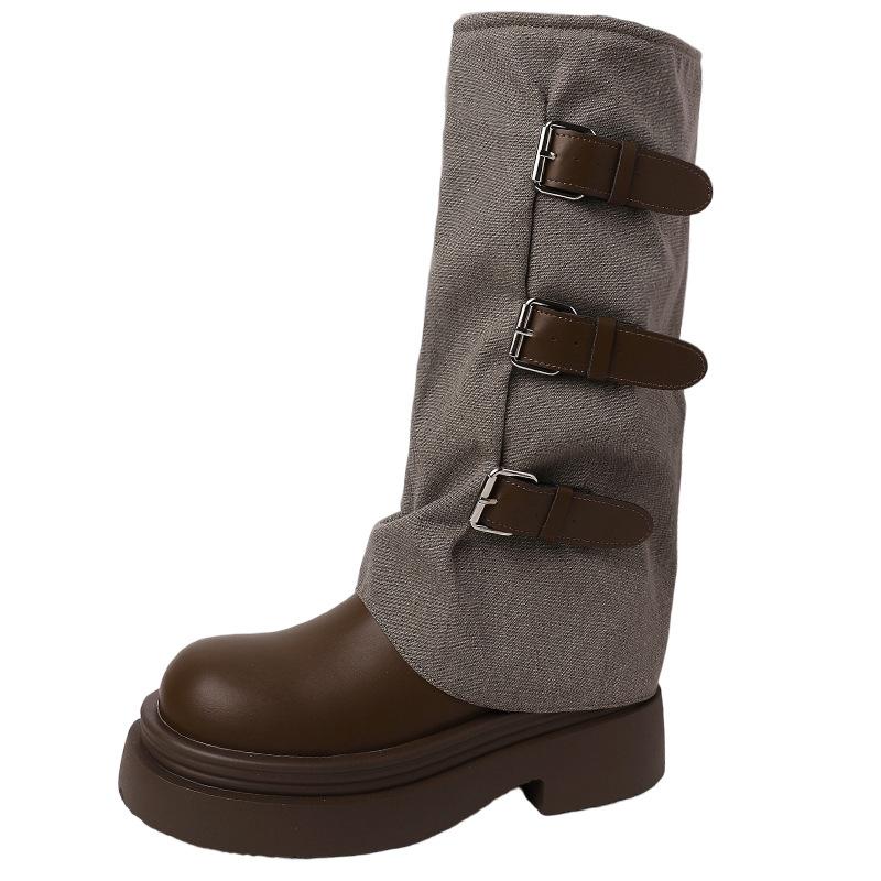 French retro thick heel medium and high boots women's 2025 autumn and winter new wasteland wind heightening non-slip knight boots fashion boots