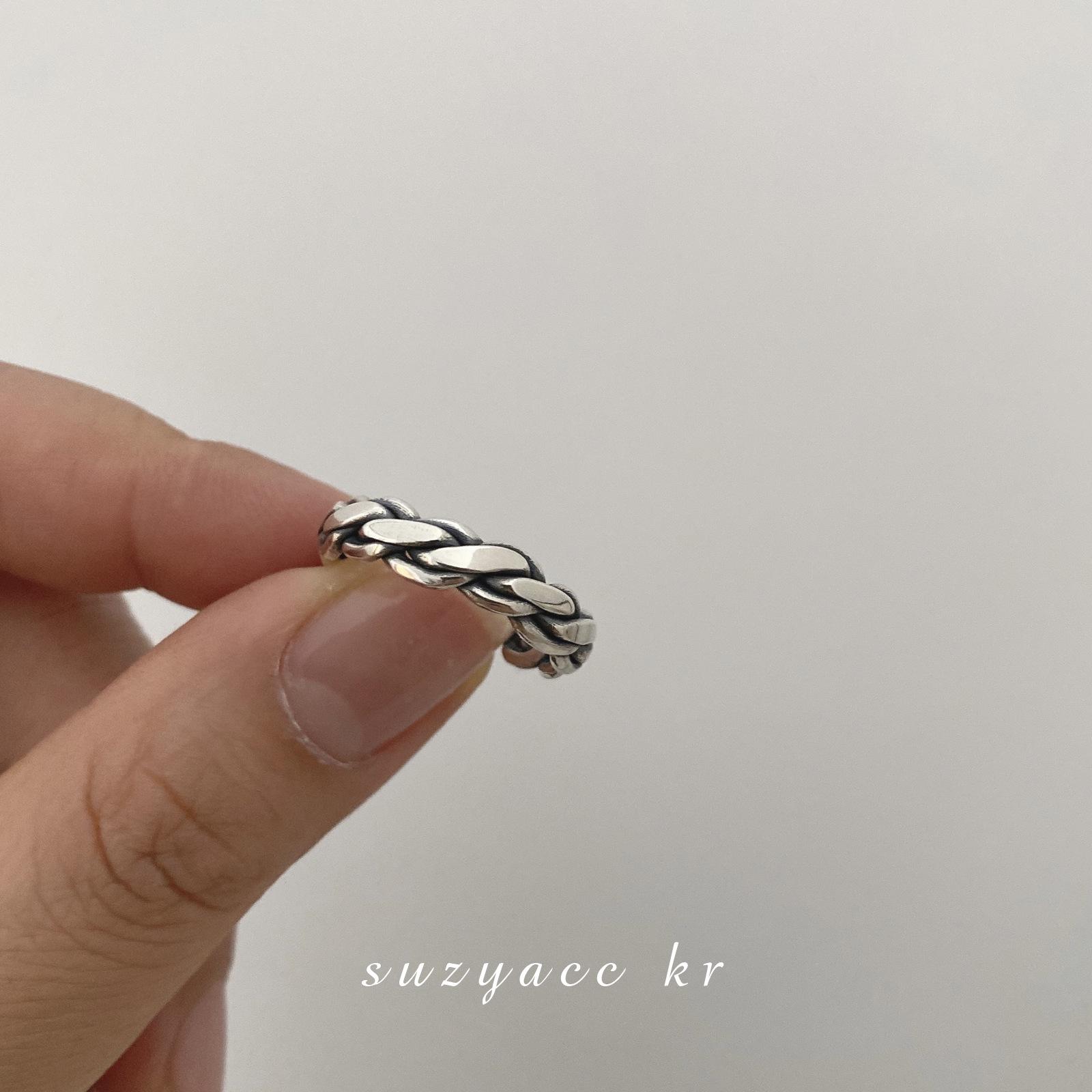 Korean Retro Distressed S925 Sterling Silver Twisted Oval Open Ring for Women Adjustable Open Size