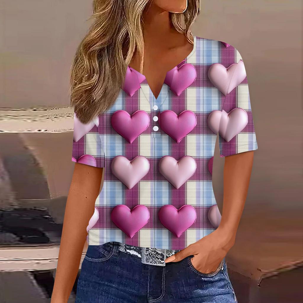 Damen T-Shirt Tee Print Knopf Kurzarm Täglich Wochenende Mode Basic V-Ausschnitt Regulär Oberteil Valentinstag