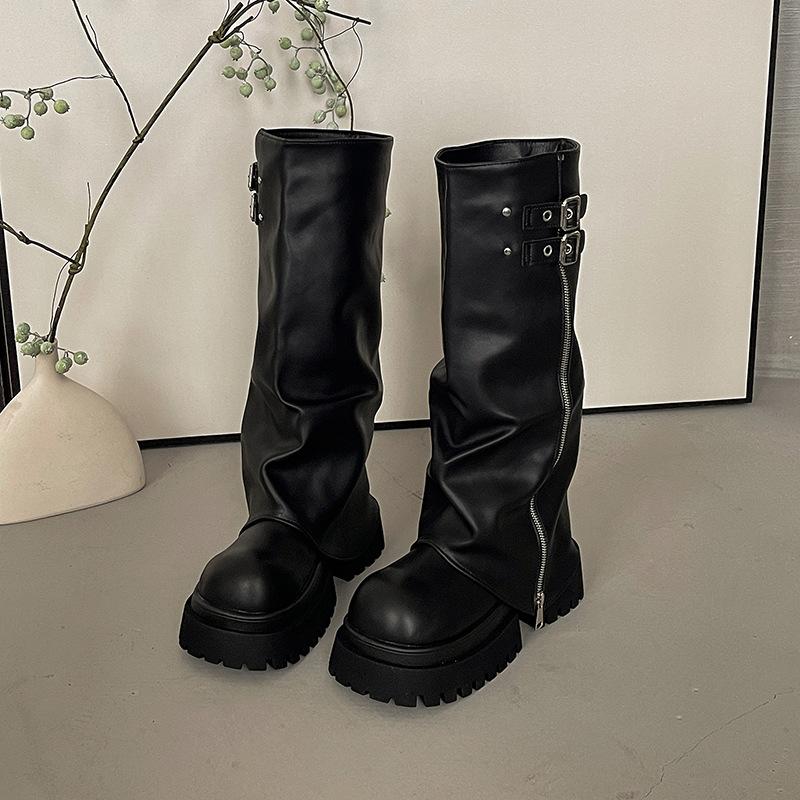 Pant Pants Boots Knight Boots Fashion Autumn New Versatile Folded Belt Buckle Thick-soled Heightening Boots Women