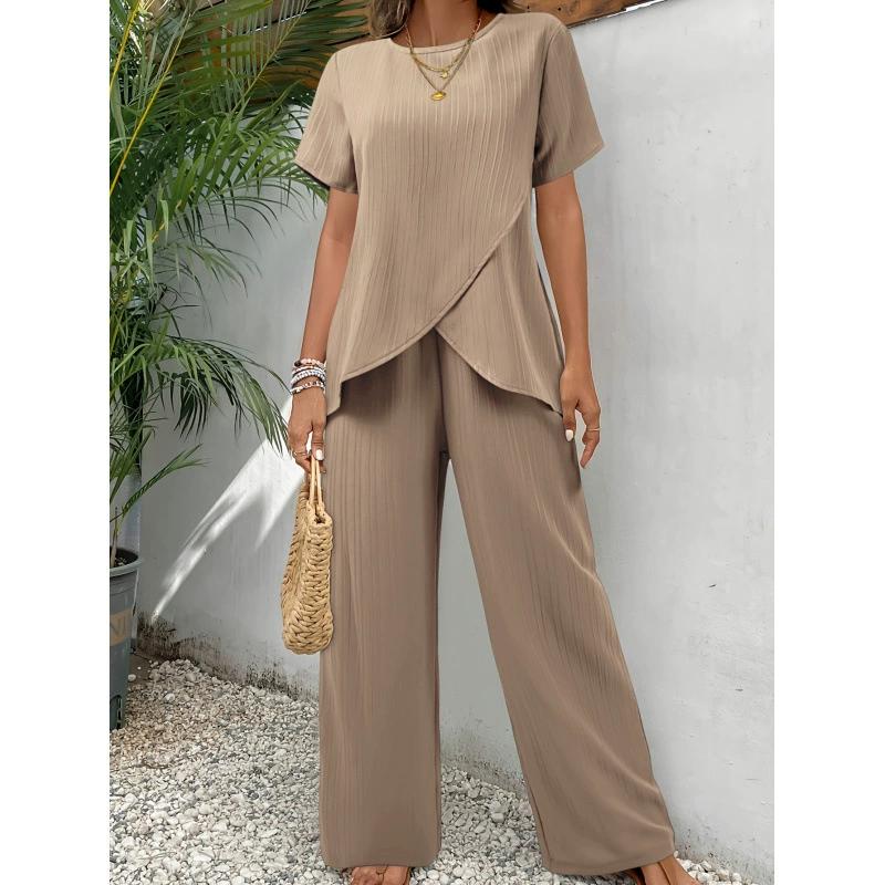 Casual Solid Suit Women Ashion Round Neck Short Sleeve Irregular Split Top Elastic Waist Trousers Two Piece Set