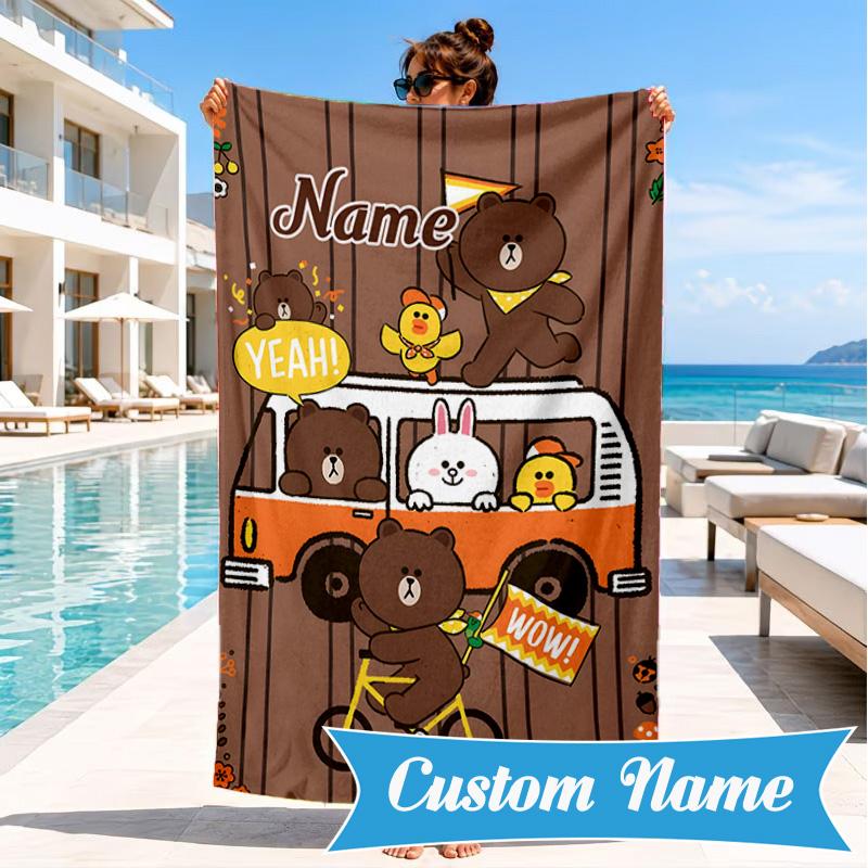 Custom Name Happy Valentine's Day Brown Bear Beach Towel Microfiber Beach Towel, Lightweight and Quick-Dry, for Summer Travel, Swimming Pool Gift