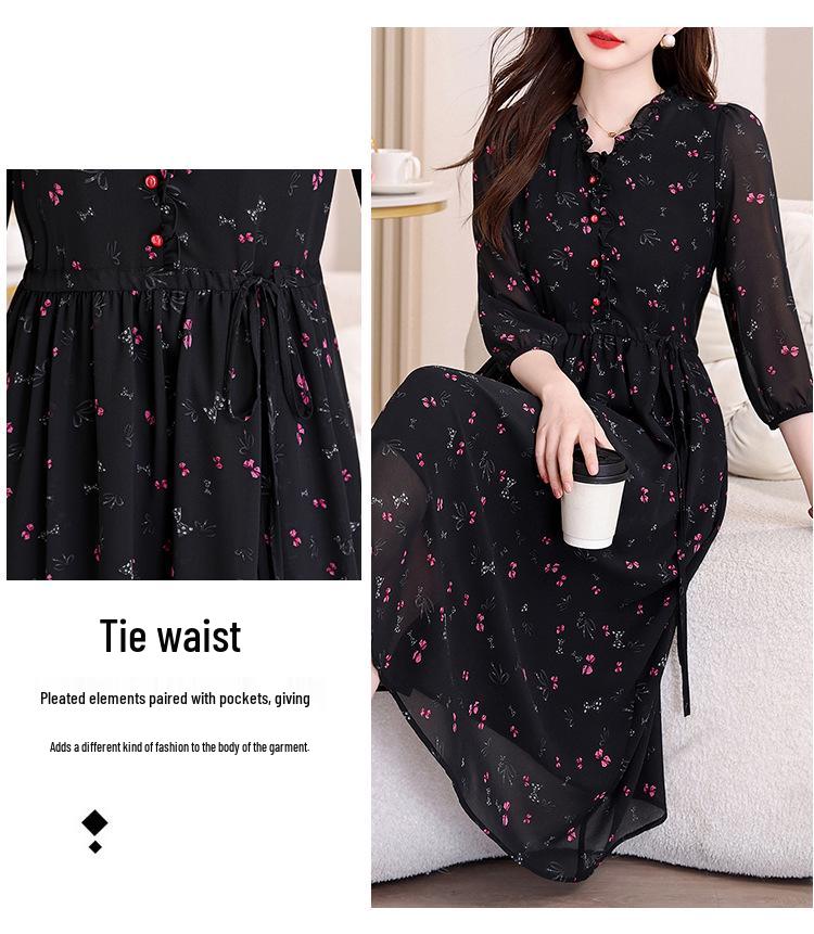 Floral Print Tie-Up Dress with Ruffle Lace for Mid-Age Moms - Long Sleeve, Over-the-Knee, Age-Reducing Design