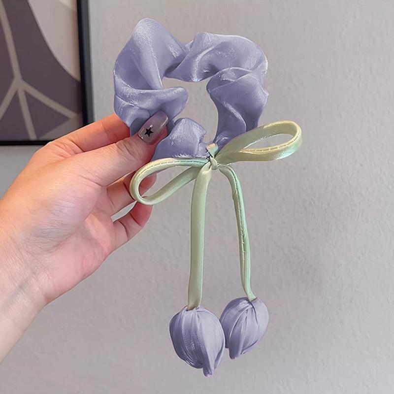 Women Tulip Flower Tassel Hair Ties Cute Temperament Lace Stretchy Hair Rope Ponytail Holders Sweet Hair Accessories