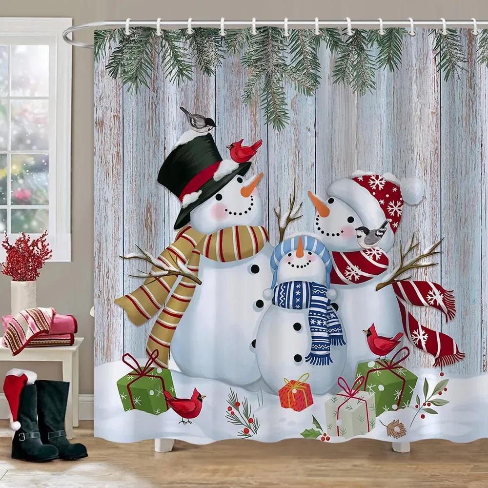 Christmas Snowman Shower Curtain Merry Santa Elf Deer Red Truck Polyester Fabric Printed Bath Curtains Bathroom Decor With Hoo