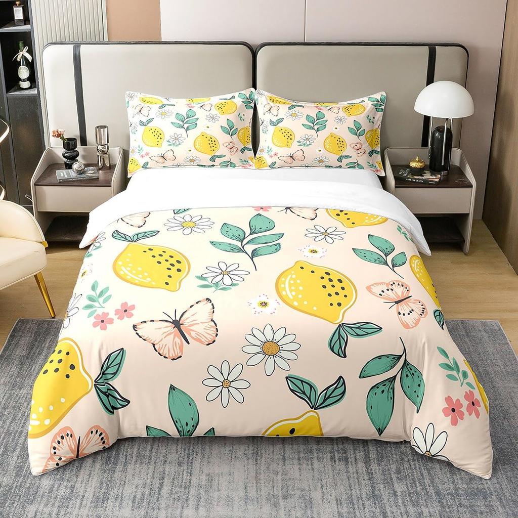 Nature Bedspread, Lemon Tre Branches Gardening Design, Decorative Quilted 3 Piece Coverlet Set featuring 2 Pilow Shams, Ful Sized Dimensions