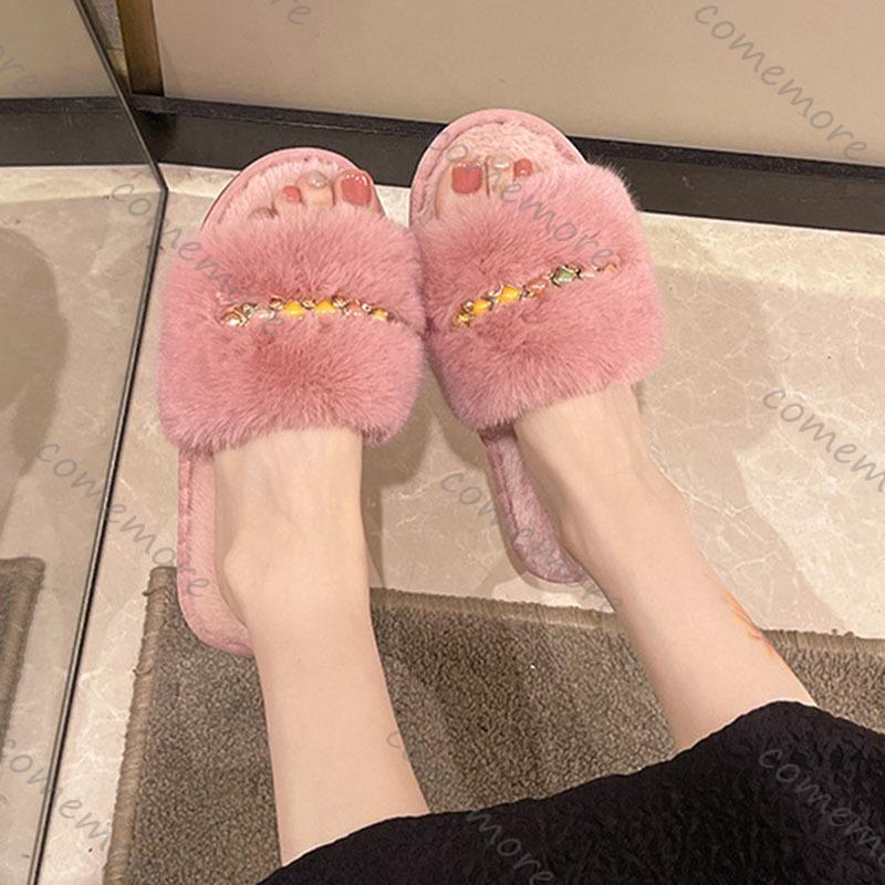 Comemore Plush Slippers Women Soft Black Faux Fur House Cotton Slides Woman Indoor Casual Flat Heel Fur Slippers Women Shoes