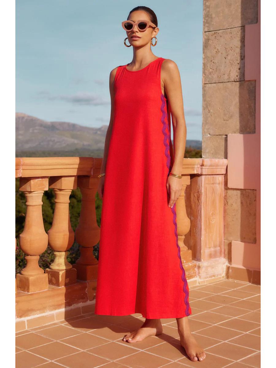 

Весенне-летнее повседневное платье-жилет с круглым вырезом и кружевной отделкой - однотонный цвет, средней длины