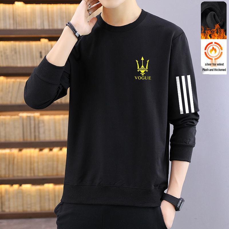Men's Round Neck Printed Hoodie - Autumn/Winter Loose Fit, Velvet Lined, Long Sleeve Pullover for Casual Versatile Wear.