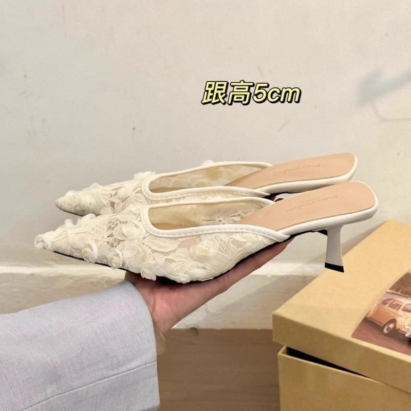 Fashion Spring Summer Pointed Toe Women Muels Slippers Fashion High Heels Party Dress Ladies Flower Slides Shoes